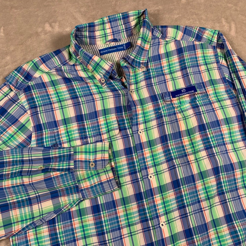Southern Tide Fishing Shirt Mens Large Blue Green Plaid Long Sleeve Vented Mesh